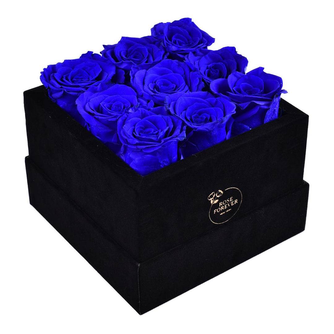 9 Royal Blue Roses - Black Square Velvet Box - Rose Forever