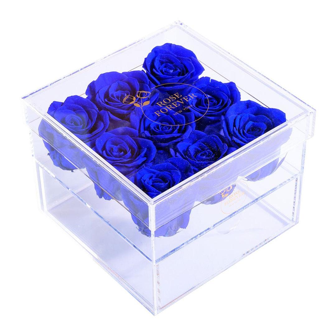 9 Royal Blue Roses - Square Crystal Box - Rose Forever