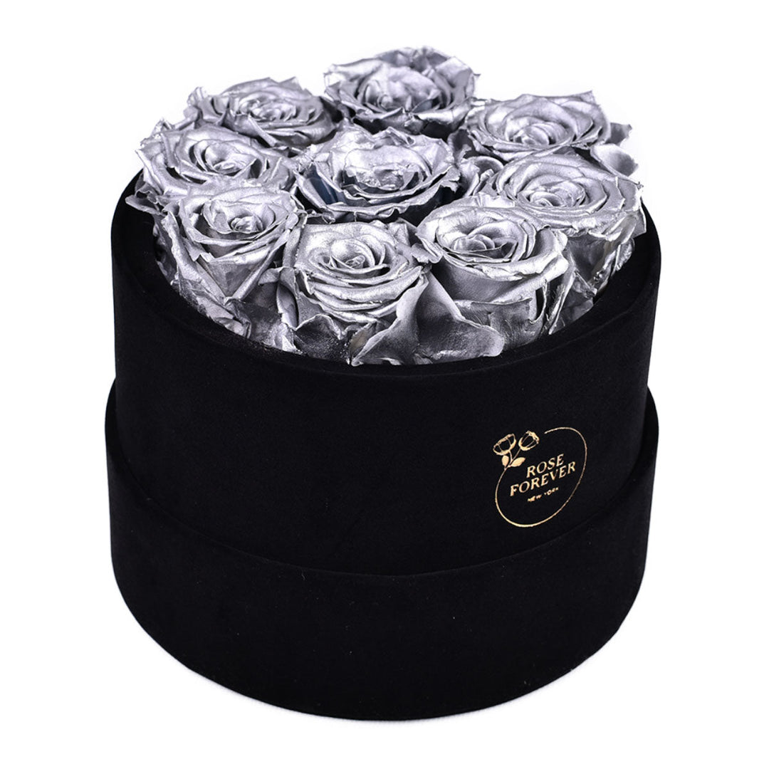 9 Silver Roses - Round Velvet Box - Rose Forever