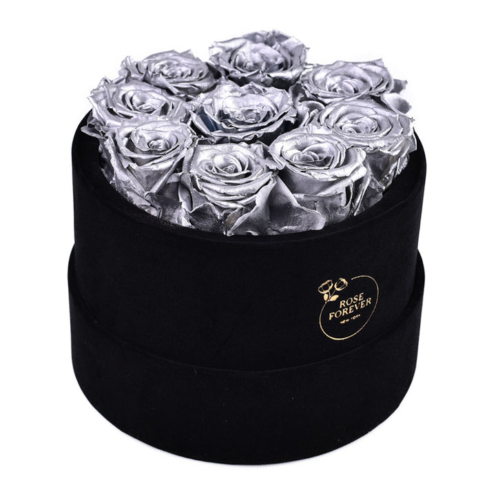 9 Silver Roses - Round Velvet Box - Rose Forever