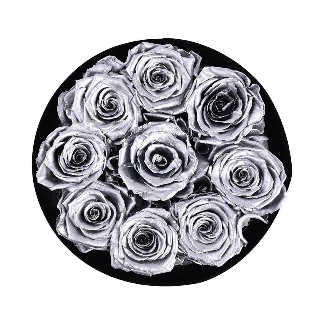 9 Silver Roses - Round Velvet Box - Rose Forever