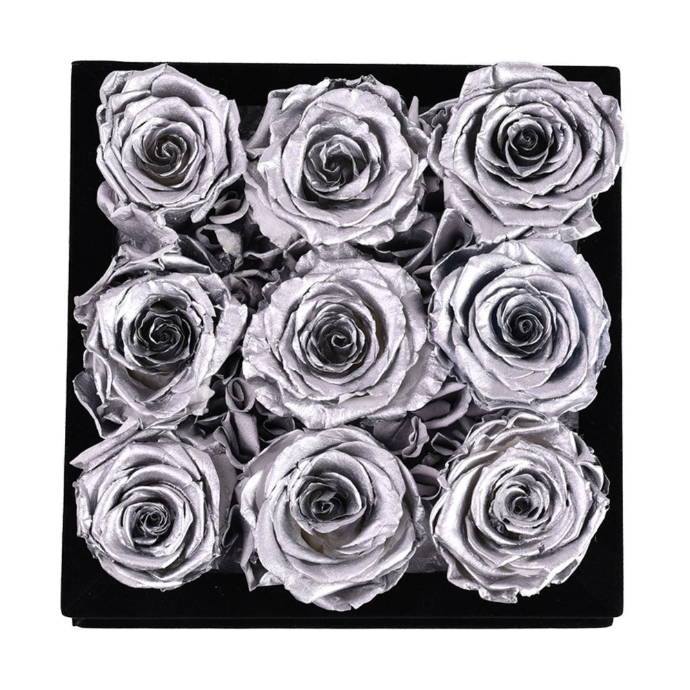 9 Silver Roses - Square Velvet Box - Rose Forever