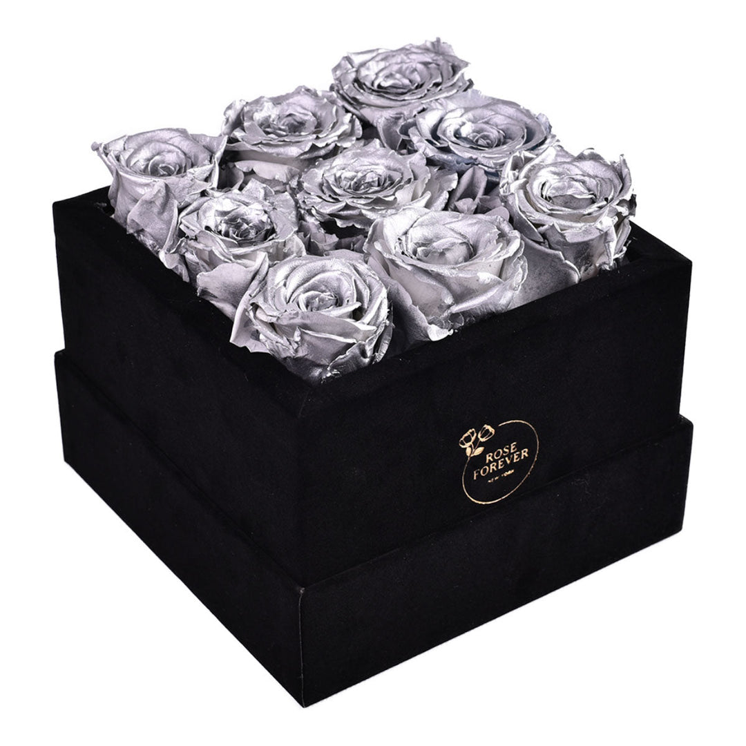 9 Silver Roses - Square Velvet Box - Rose Forever