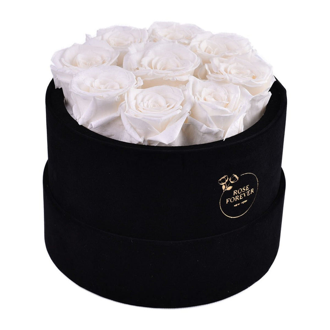9 White Roses - Black Round Velvet Box - Rose Forever