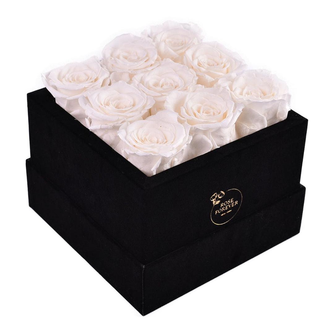 9 White Roses - Black Square Velvet Box - Rose Forever