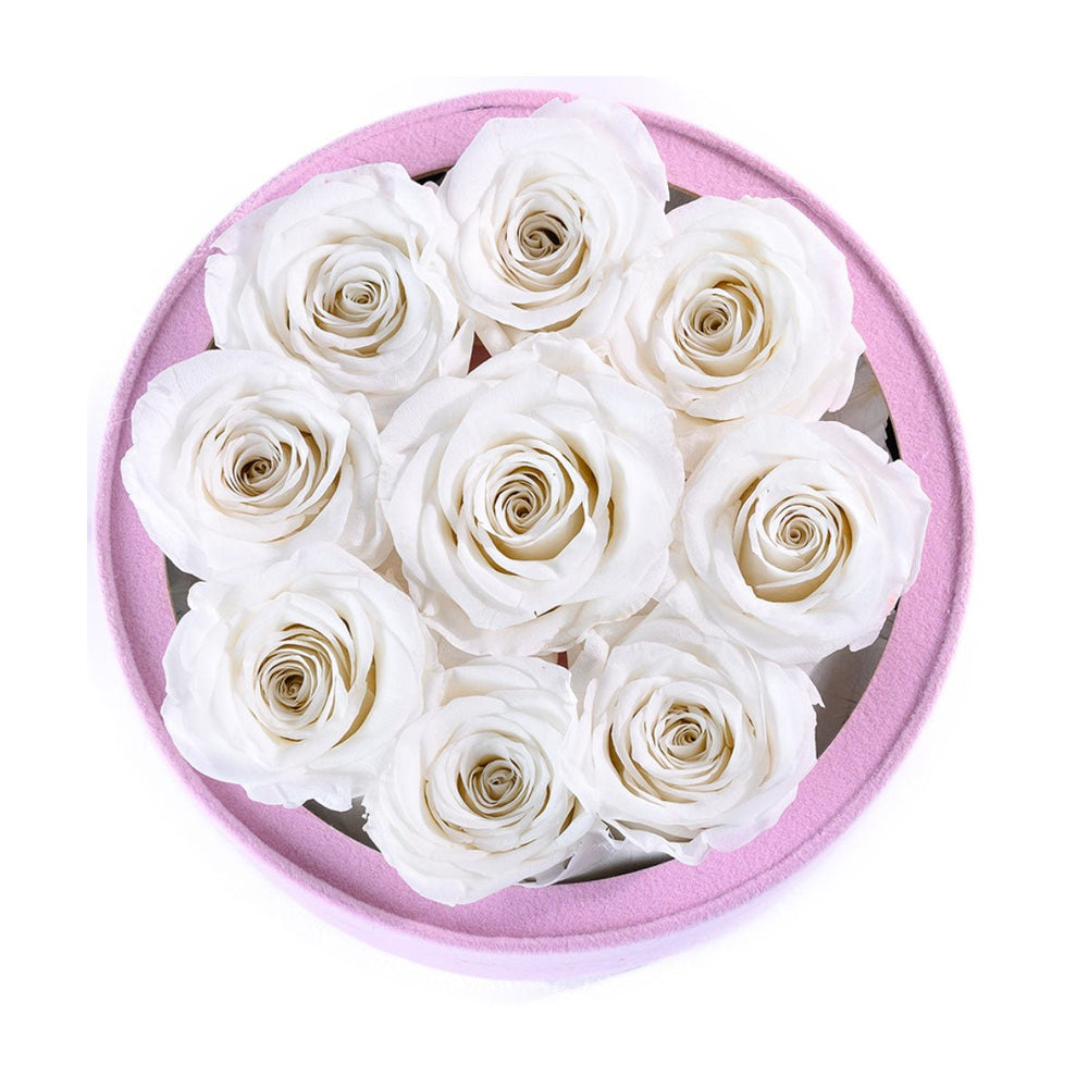9 White Roses - Pink Round Suede Box - Rose Forever