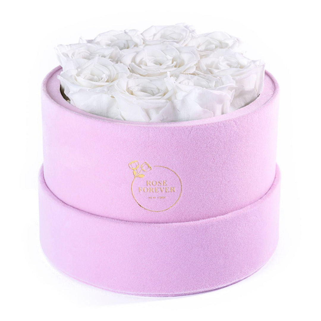 9 White Roses - Pink Round Suede Box - Rose Forever