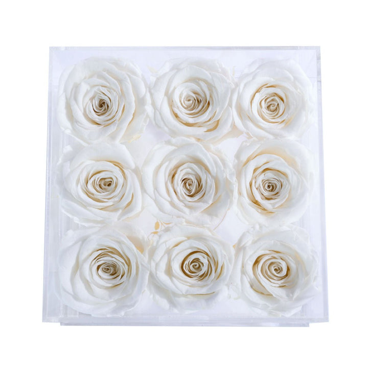 9 White Roses - Square Crystal Box - Rose Forever
