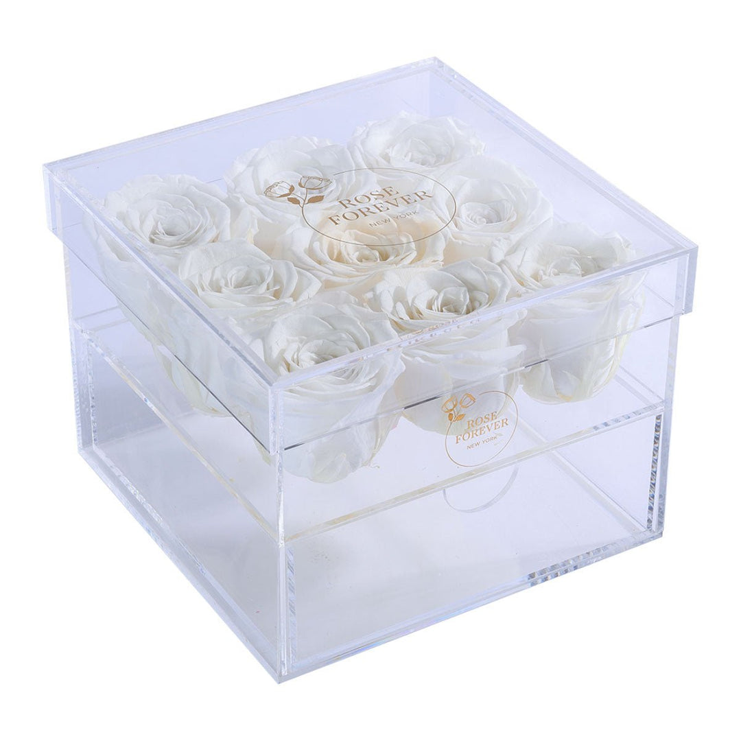 9 White Roses - Square Crystal Box - Rose Forever