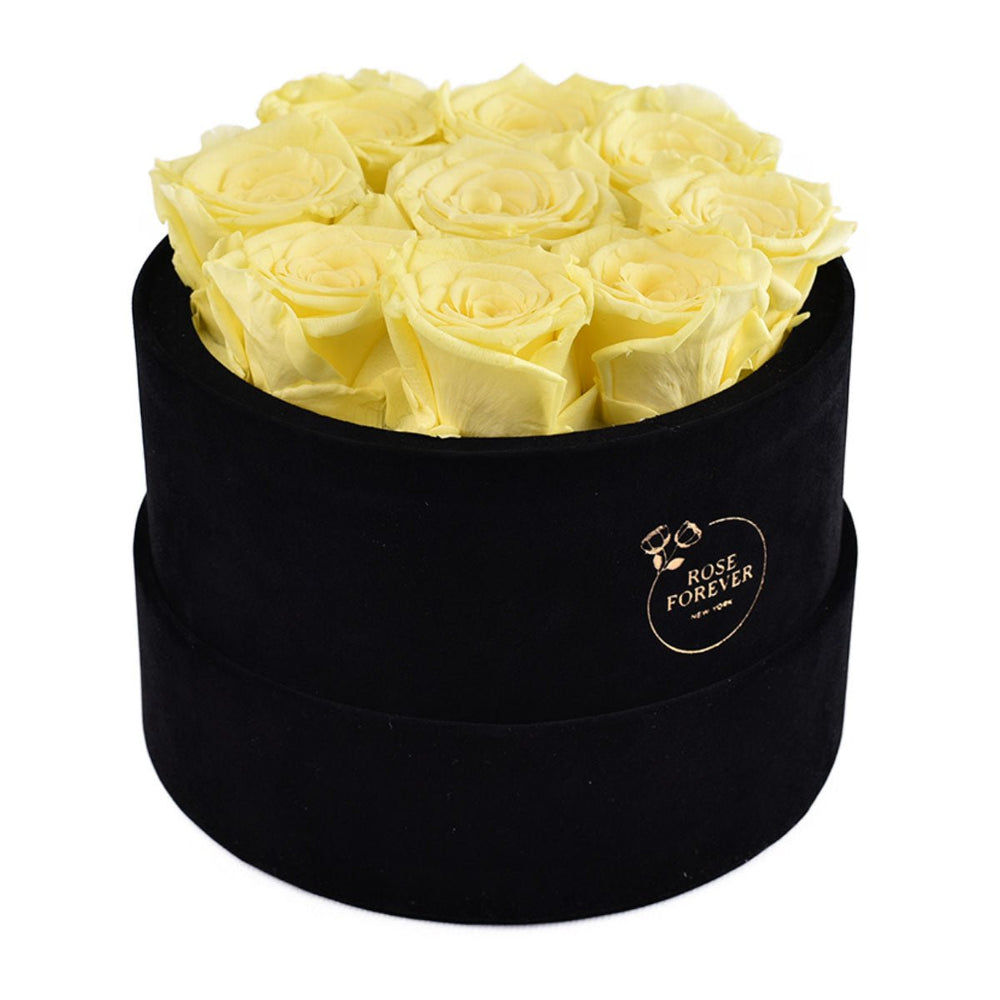 9 Yellow Roses - Black Round Velvet Box - Rose Forever