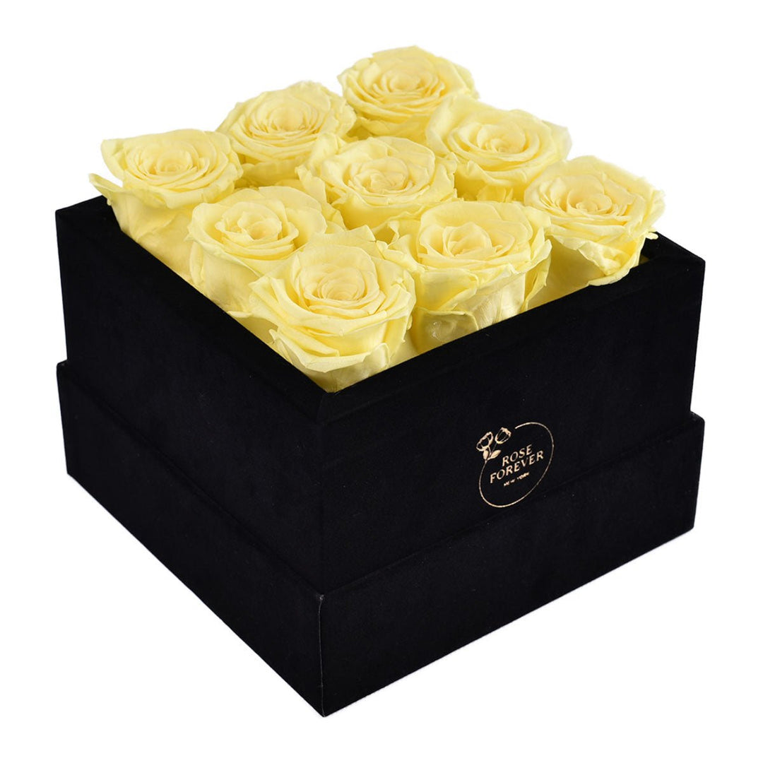 9 Yellow Roses - Black Square Velvet Box - Rose Forever