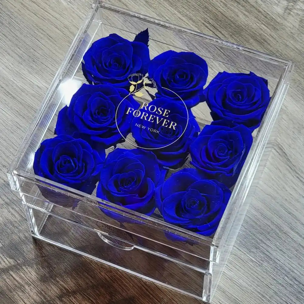 9 Royal Blue Roses - Square Crystal Box