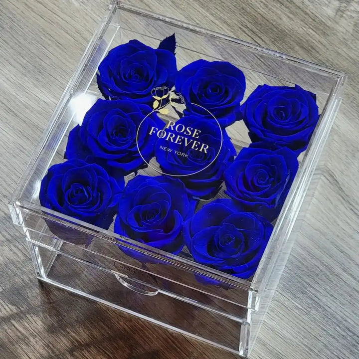 9 Royal Blue Roses - Square Crystal Box