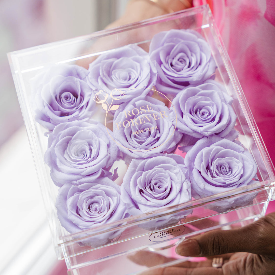 9 lavender roses crystal box