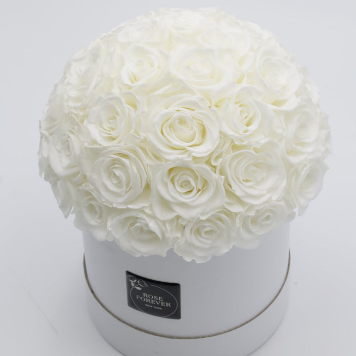 40 White Roses - Dome Arrangement in White Hat Box