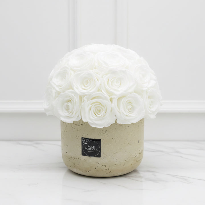 28 White Roses - Dome Arrangement in a Stone Hat Box