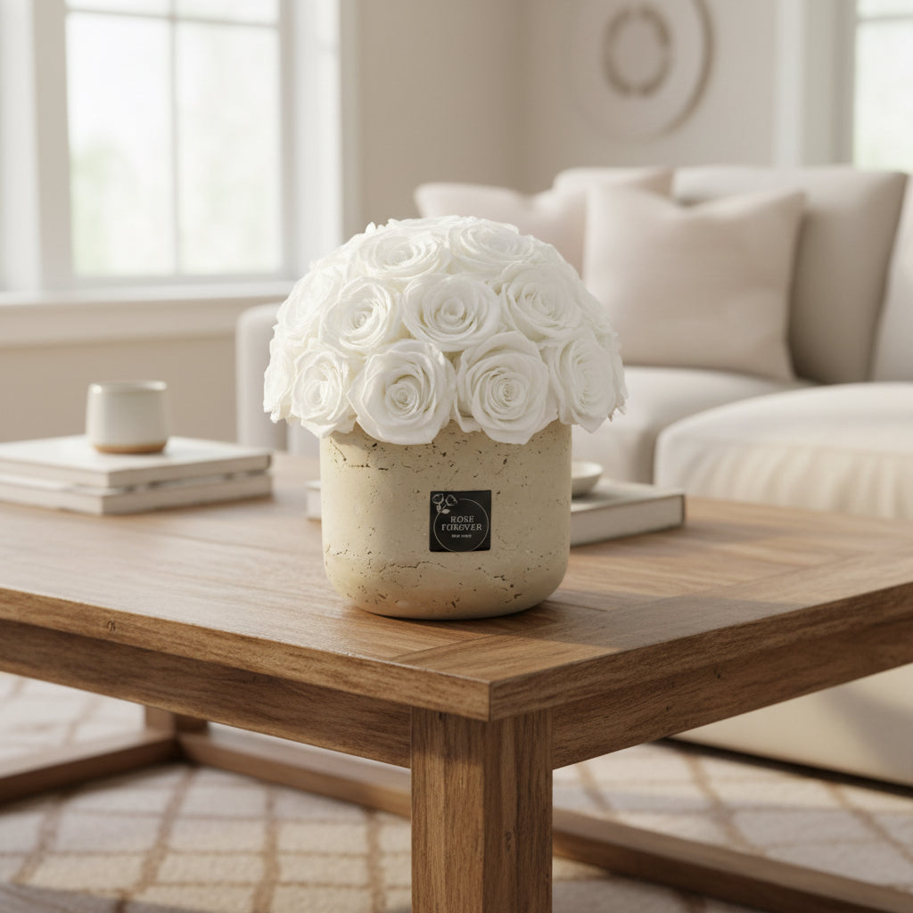 28 White Roses - Dome Arrangement in a Stone Hat Box
