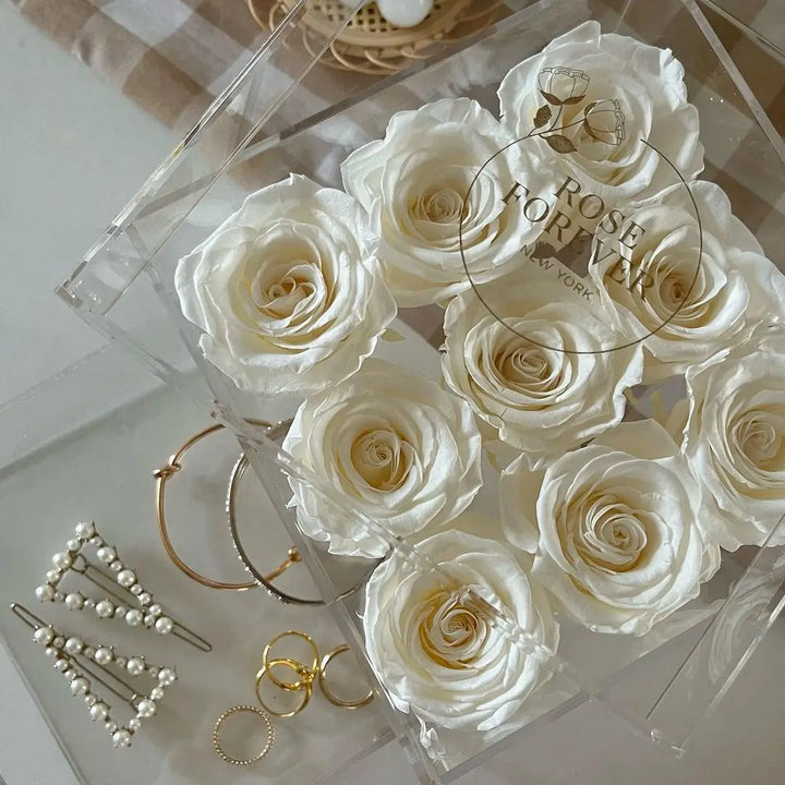 9 Ivory Roses - Square Crystal Box