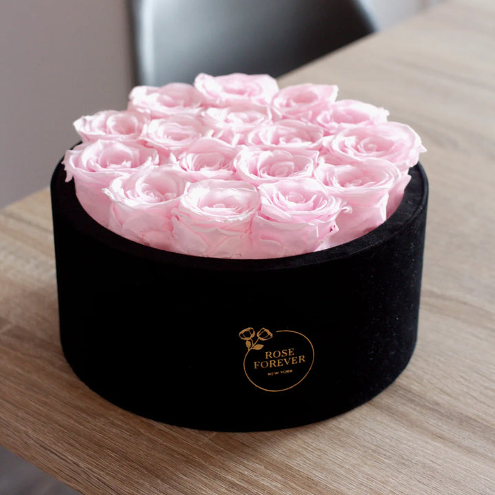 16 Light Pink Roses - Black Round Velvet Box