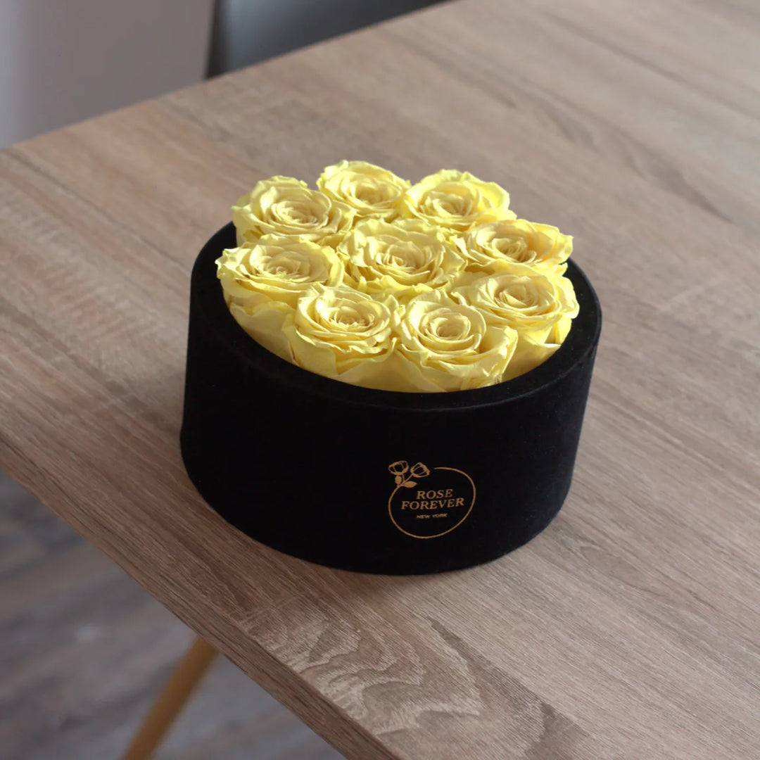 9 Yellow Roses - Black Round Velvet Box