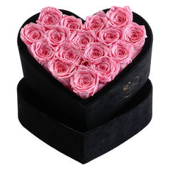 16 Pink Roses - Black Heart Box